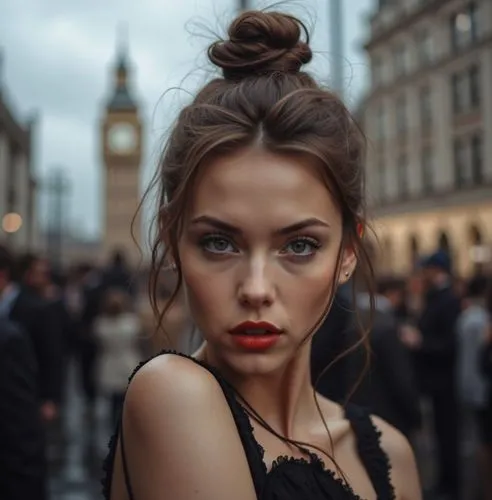 a portrait of a beautiful Caucasian young woman, 22 years old with brown hair, brown eyes, and red lips, she has her hair tied up with a bun, she is wearing a black dress with a neckline. She is stand