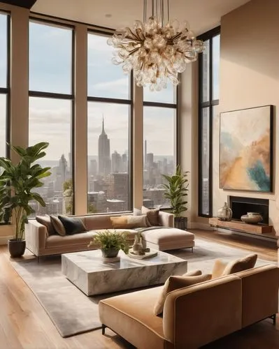 Modern living room, luxurious velvet sofa, marble coffee table, floor-to-ceiling windows, urban view, abstract art painting, minimalist chandelier, wooden flooring, beige walls, potted plants, natural