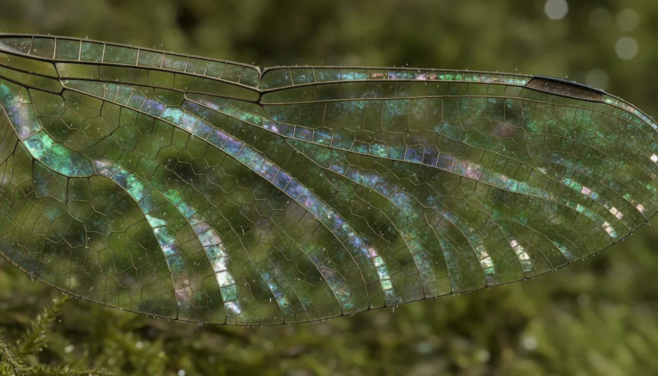 Una macrofotografia iperrealistica generata dall'IA dell'ala di una libellula, che mostra intricati motivi cellulari e colori iridescenti.