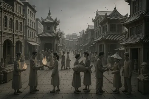 a man and woman standing in a town square,flagellants,lamplighters,covens,white temple,occultists,enchanters,ancient parade,conjuration,wizards,monks,processions,fantasy city,photo manipulation,gaslig