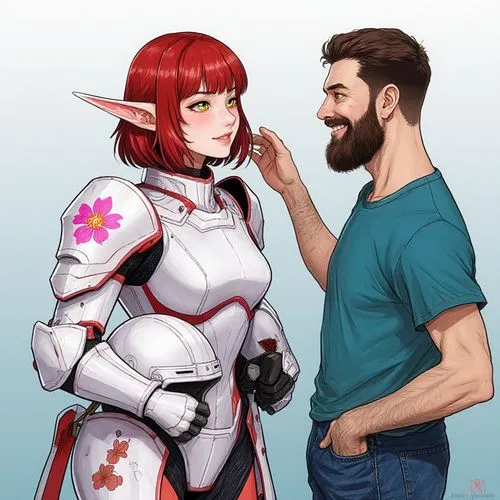 Manga style:

Jury, a 32-year-old Asian elf with Japanese features, pointed ears, shoulder-length scarlet hair, and yellow eyes.
She is clad in Warhammer 40k Sisters of Battle armor. The armor is whit
