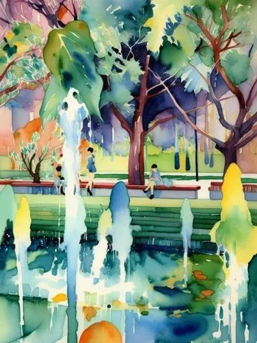 Акварель, весенняя листва, фонтаны,watercolor painting of a fountain with the sun rising behind it,watercolor palm trees,watercolor tree,water colors,watercolors,watercolor,watercolor background