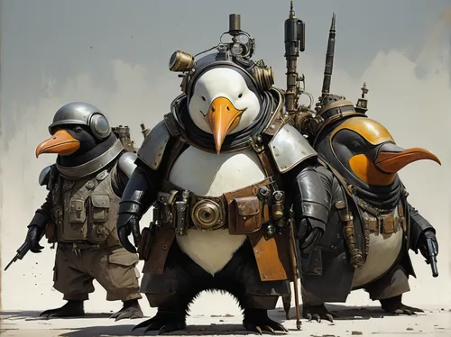 techno punk intelligent penguin civilization battle steampunk walrus, epic battlefield, mass carnage everywhere, all hope is lost.,penguin enemy,emperor penguin,penguins,penguin,rock penguin,big pengu
