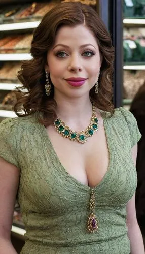 Chubby, very curvy, stunningly beautiful.Female sales clerk Michelle Trachtenberg at at wolfgang jewelry Shop. Large chest is large chested 55H beautiful eyes lipstick elaborate makeup smiling. Jewelr