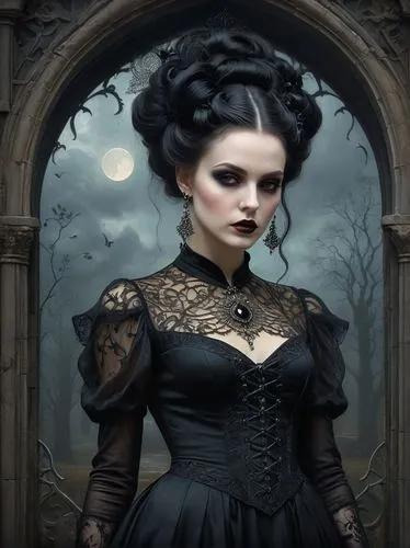 Full body of a woman in a black dress with a love in her eyes ,  gothic art style, dark art style, gothic art, gothic fantasy art, baroque dark art, fantasy dark art, lady of the entropy, tom bagshaw 