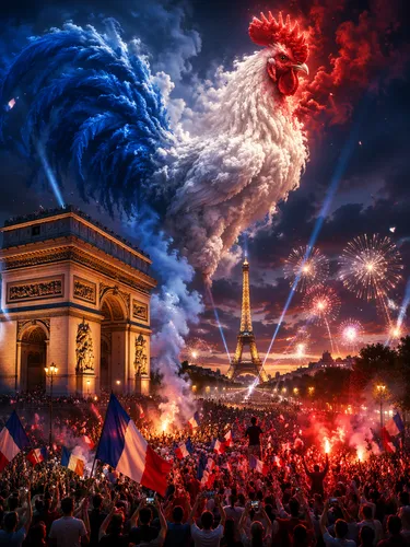 Create an ultra-dramatic, photorealistic cinematic fantasy scene of Paris during a massive French celebration at night. The composition is vertical, wide-angle, and densely detailed: the Eiffel Tower 