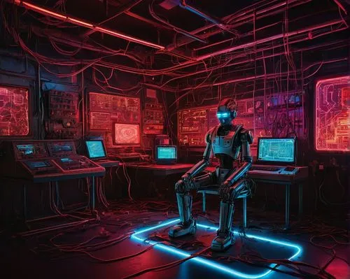 Non-existent digital avatar, transparent background, futuristic cyberpunk theme, neon lights, holographic display, broken robotic limbs, scattered circuits, wires exposed, abandoned laboratory setting