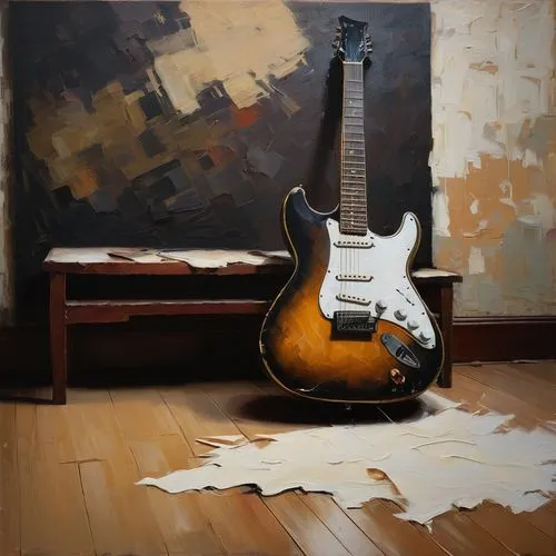 Loose, smudge, dark, abstract painting of a guitar on the floor leaning against the patterned wall next to an old white desk,painted guitar,stratocaster,stratocasters,electric guitar,guitar easel,guit