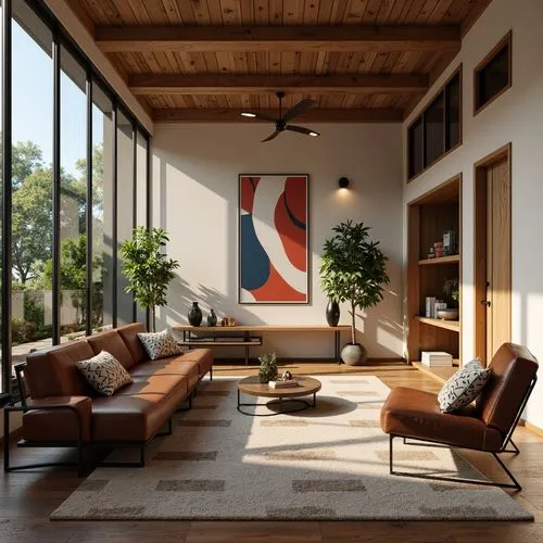 Modernist living room, minimalist decor, geometric shapes, bold color accents, functional furniture, tubular steel frames, leather upholstery, sleek wooden surfaces, industrial lighting fixtures, abst