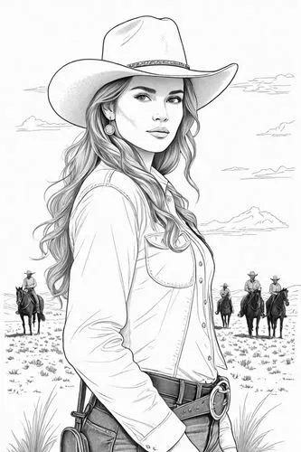 the drawing is of a young woman in cowboy gear,cowgirl,longmire,rancher,cowpoke,countrygirl,cowgirls