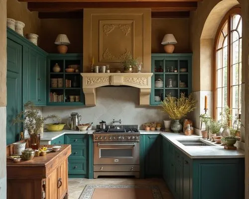 interior design,this is an old - fashioned kitchen with lots of green cabinets,vintage kitchen,victorian kitchen,tile kitchen,kitchen interior,kitchens,kitchen,Photography,Documentary Photography,Doc