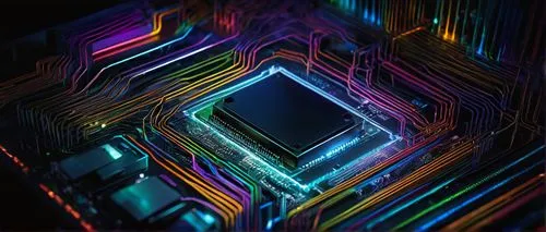 Von Neumann Architecture Diagram, technical illustration, detailed blocks, CPU, ALU, registers, memory, input/output devices, bus connections, arrows indicating data flow, colorful wires, circuit boar