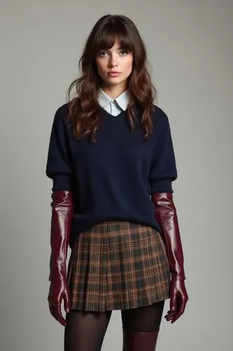 An 18-year-old woman wears a navy blue preppy sweater with short sleeves, layered over a high-neck white shirt. Her burgundy leather gloves are long and striking, fully shown from fingertip to shoulde