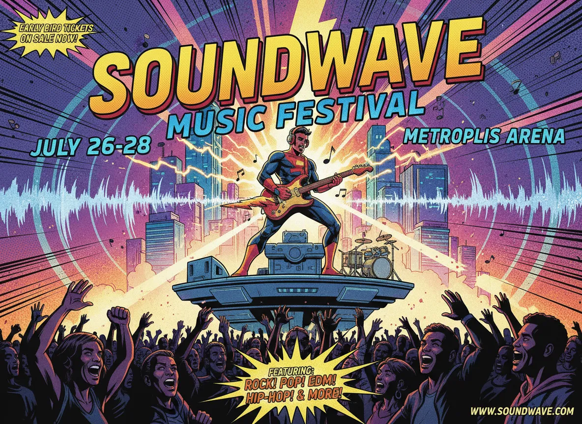 Un poster di marketing generato dall'IA per un festival musicale, progettato in uno stile dinamico da fumetto con tipografia audace.