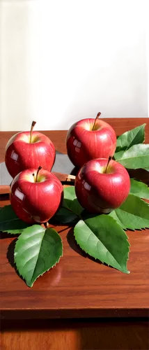 Apples, still life, solo, realistic, detailed texture, shiny surface, red skin, green leaf, stem attached, wooden table, morning light, soft shadow, 3/4 composition, warm color tone, cinematic lightin