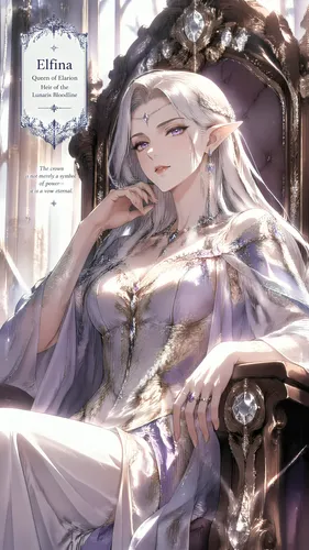 Manga style:

A celestial elf of sublime beauty, hailing from an ancient lineage. She is in her thirties. Her skin is flawlessly radiant, her cheekbones are high and defined, and her long silver hair 
