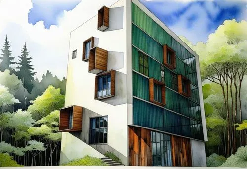 painting of a tall building that appears to have balconies,prefab,frame house,cubic house,sky apartment,apartment building,prefabricated buildings