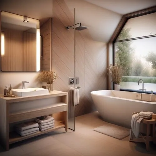 A modern bathroom,modern minimalist bathroom,luxury bathroom,bathtub,wooden sauna,modern room,bathtub accessory,bathroom,japanese-style room,3d rendering,interior modern design,tub,shower base,shower 