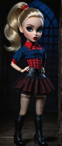 Bratz doll, blonde hair, ponytail, blue eyes, thick eyebrows, pale skin, freckles, red lips, Gothic style clothing, black fishnet stockings, short skirt, leather boots, dark background, dim lighting, 