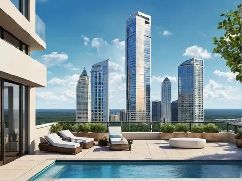 Buckhead Atlanta, luxurious high-rise building, ornate architectural accents, grand entrance with marble floors, sleek modern lines, floor-to-ceiling windows, panoramic city view, upscale residential 