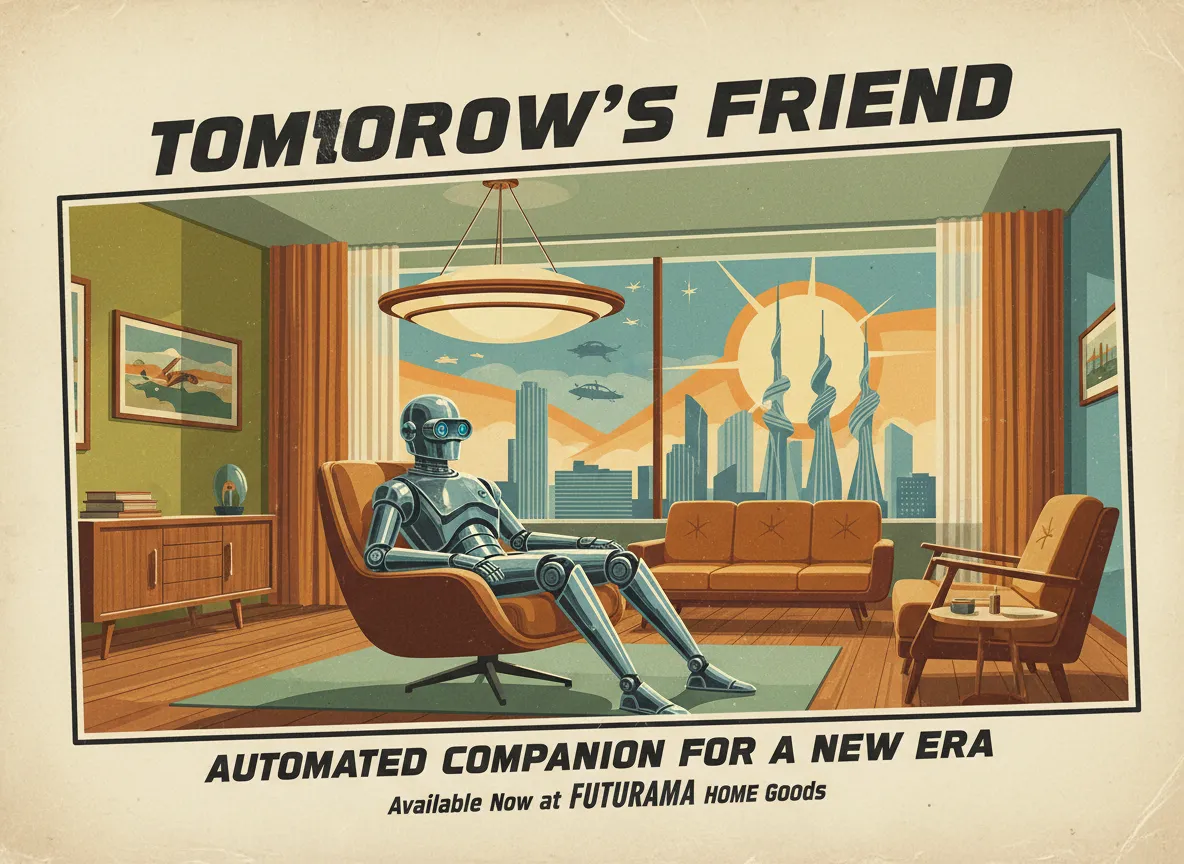 Ein hochauflösendes retro-futuristisches Posterdesign eines Roboters in einem Mid-Century-Modern-Interieur, bereit zum Drucken.