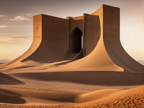 I.M. Pei-inspired colossal structure, within "Dune" film world, immense scale, rough brutalist fusion, sharp minimalist silhouettes, angular reinforced concrete edifices, fortress harmonizes with the 