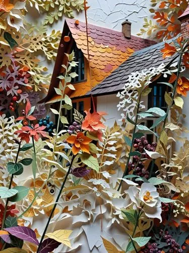 Домик среди колокольчиков,a paper house surrounded by flowers and leaves,autumn decoration,seasonal autumn decoration,autumn frame,leaves in the autumn,autumn decor,colored leaves
