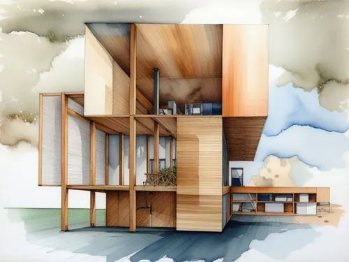 Dibujo con acuarela,prefab,prefabricated,prefabrication,prefabs,prefabricated buildings
