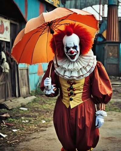 Gustave Dore inspired, creepy clown, solo, (40yo), pale skin, red nose, painted-on smile, exaggerated eyebrows, messy orange wig, colorful oversized clothing, ruffled collar, puffy sleeves, baggy pant