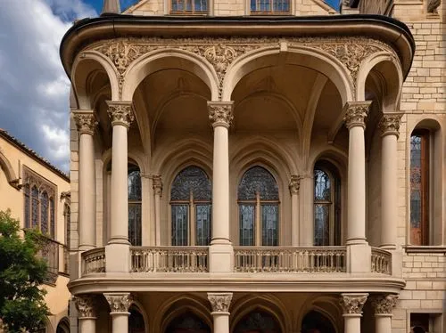Baroque pamphlet architecture, ornate building facade, intricate stone carvings, grand entrance with pillars, symmetrical composition, Renaissance-inspired details, warm beige stone walls, slate roof 