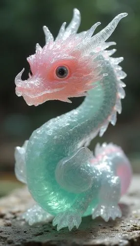 [dragon] figurine by glass, in the style of layered translucency, [green] and [pink], Light], 20 megapixels, transparency,a pink and green glass figurine with a large eye on it,glass yard ornament,pai