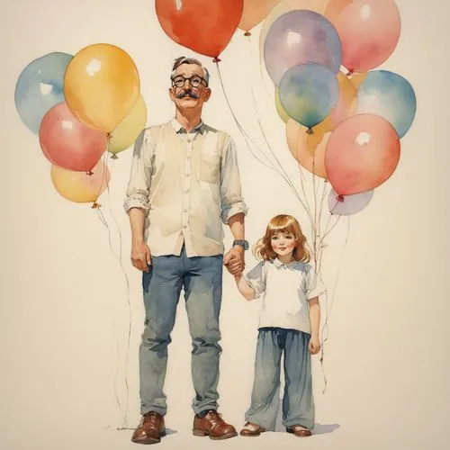 a Father wearing glasses and daughter, cute illustration, balloon ,little girl with balloons,balloons,balloon,balloon trip,kids illustration,father and daughter,ballooning,corner balloons,captive ball