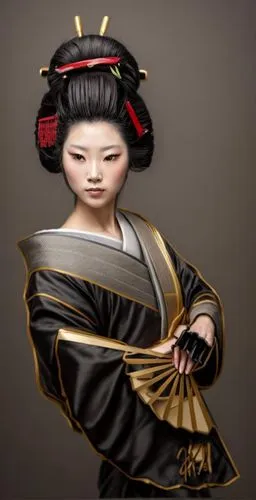 drawing with charcoal pencils, in the style of a beautiful geisha portraiture, golden light, light gray, pensive poses, smokey background, red and light black, light & shadow, against the background w