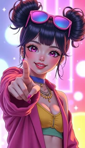 the girl is pointing her finger up,noodle image,neon candies,noodle,pink background,peace sign,neon colors,colorful background,portrait background,fashionable girl,rainbow pencil background,vector gir