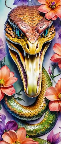 Snake head in the watercolor style of david paul seymour with flowers and vibrant hues,a snake with flowers surrounding it on a purple background,vipera,emperor snake,serpiente,serpents,venomous snake