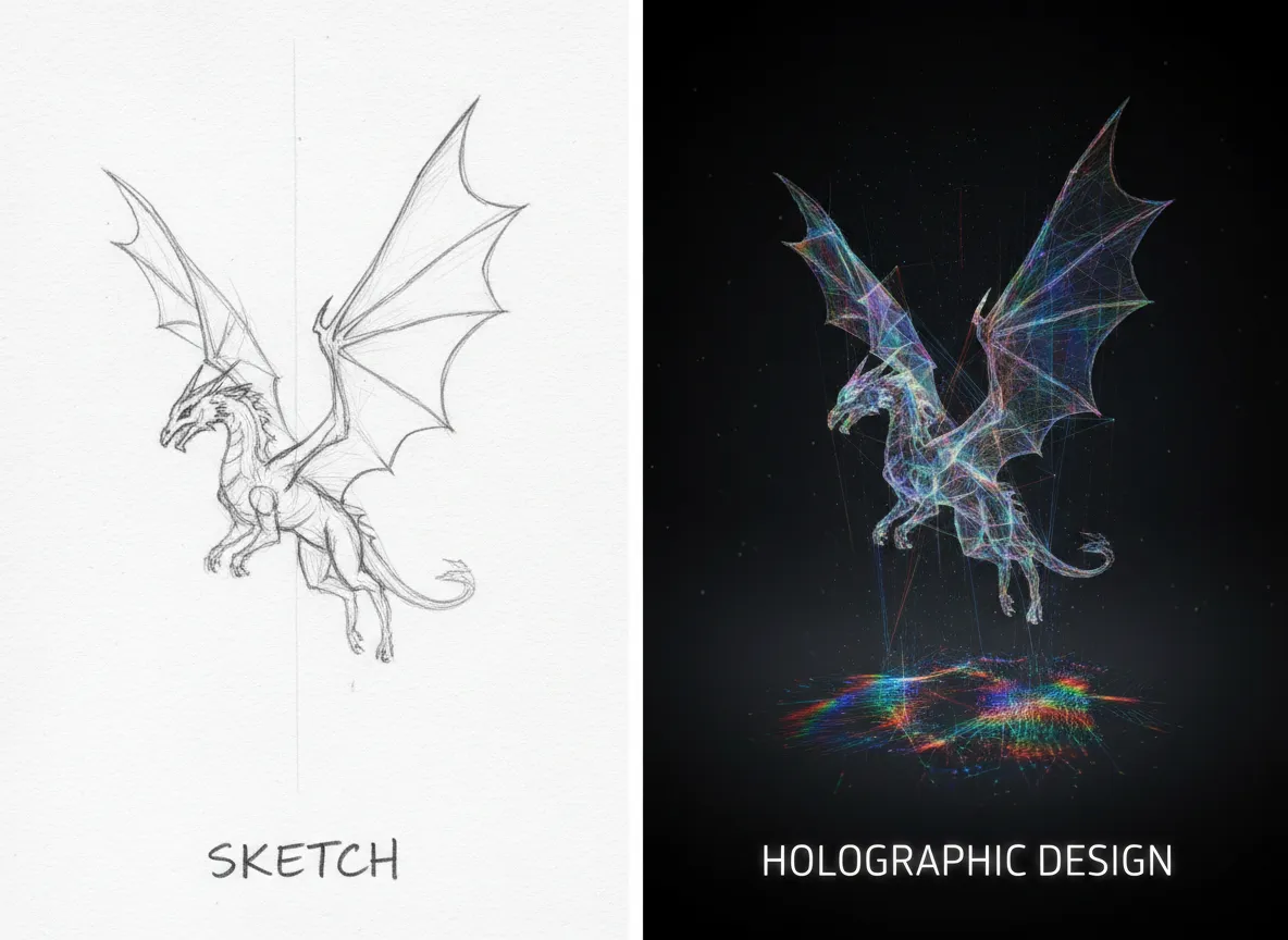 Confronto fianco a fianco che mostra uno schizzo semplice e un design olografico completo con motivi di luce iridescente.