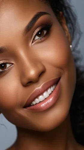 Imagen realista, ultra detallada. Mujer mestiza ebony con la más hermosa sonrisa, sus labios carnosos y su hermosos ojos cafés brillan al pensarme. Cabello liso poco abundante, mujer flaca ,woman with