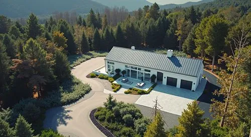 A striking aerial photograph captured by a drone looking down at an oblique angle, revealing the entire side profile of a beautiful, modern, small size, an opulent and affluent but modest single-famil