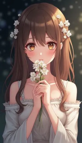 Image is a portrait photograph featuring a young woman with fair skin and long, wavy brown hair. Her facial features are delicate, with a soft expression and subtle makeup highlighting her eyes and li