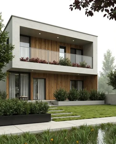 A modern two-story house with a minimalist concrete and wood facade, surrounded by lush greenery, featuring a geometric design with clean lines and large glass windows,this image shows a three - story