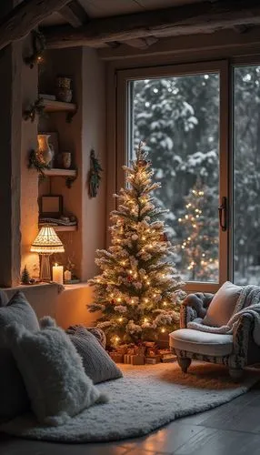 A magical Christmas wallpaper featuring cozy interiors, styled with monochrome tones, evoking a festive and cheerful atmosphere.,a very lit christmas tree in a cozy room,coziness,christmas room,cozies