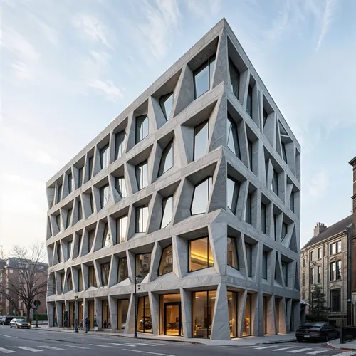 A rhythmic, sharply angled design that features a series of cuts and recesses in its facade,a building with a triangular pattern is shown on a city street,building honeycomb,kimmelman,bjarke,mutina,cu
