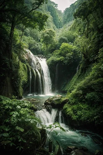 Tropical rainforests, waterfalls rivers and greenery with foliage in the near distance,a waterfall flows into a lush forest,green waterfall,cheonjiyeon falls,takachiho,nectan,jeju cheonjiyeon waterfal