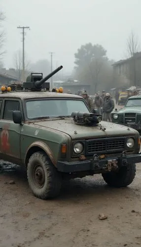 muscle car with canon, matt color,military vehicles parked in a group and men standing,patrol car,patrol cars,open hunting car,armored personnel carrier,interceptor,t-model station wagon,bronco,armore