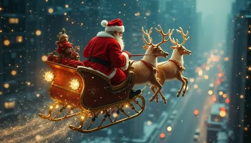 A beautifully rendered aesthetic expression of abstract steampunk santa claus on his sleigh with reindeers flying over New York, by Yuko Shimizu, Atelier Olschinsky, Alberto Seveso, Kandinsky, Susan S