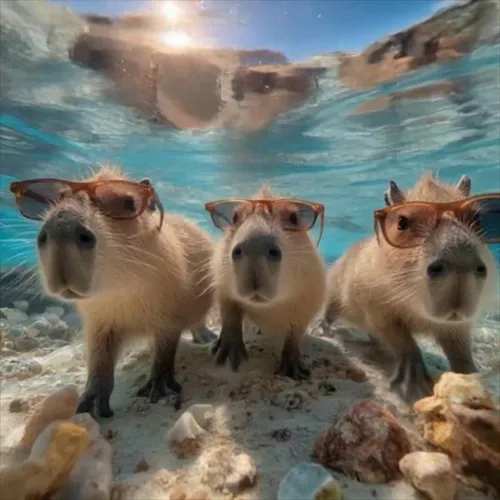 The three capybaras in the picture keep swimming fast in the direction of the camera, the camera pulls away as they get closer, the one in the middle swims faster, the other two follow the one in the 