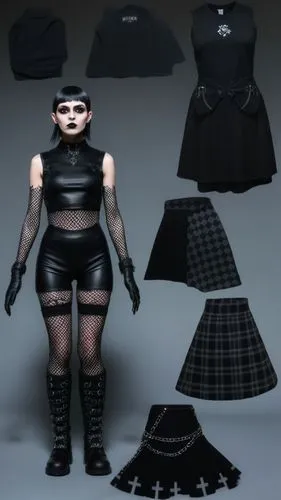 Goth Paper doll futuristic cyberpunk emp punk goth girl in black sleeveless shirt , black spandex shorts, complete full length fishnet and black goth knee Boots, standing surrounded by with a set of g