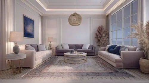 A modern urban cityscape with sleek buildings, vibrant neon lights, and people walking beneath a clear sky at dusk.,a view of a living room with a couch, chairs, table and large window,sitting room,in