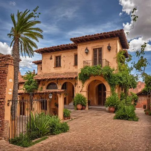 a house is shown with many windows and a lot of green plants,hacienda,provencal,luxury home,roussillon,tuscan,beautiful home,traditional house,provencal life,country estate,spanish tile,casita,mansion