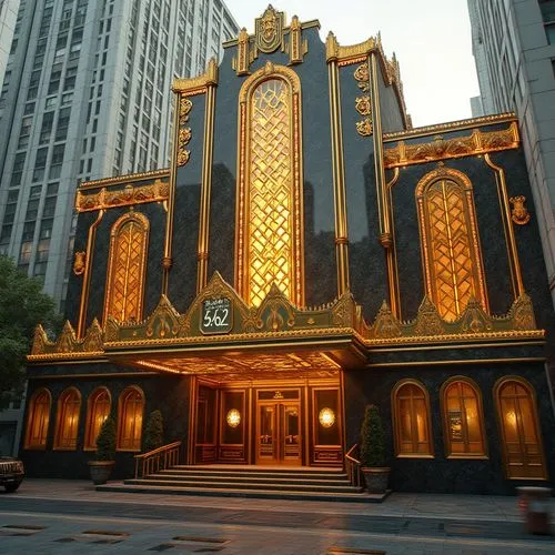 Opulent Art Deco building, luxurious metallic accents, ornate geometric patterns, bold zigzag motifs, lavish ornaments, grand entranceways, sweeping staircases, majestic columns, gleaming chrome detai